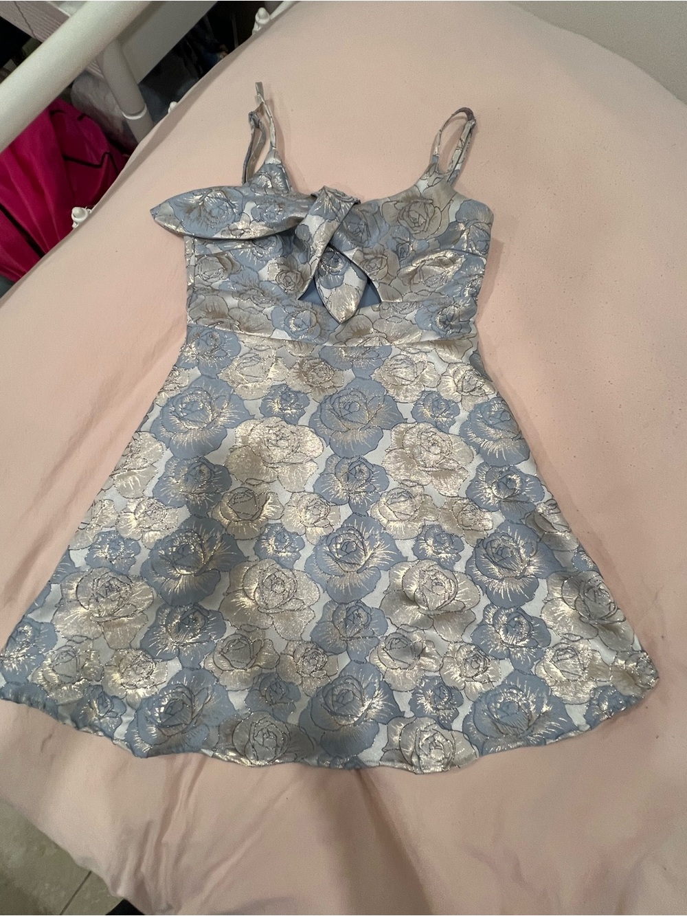 Lulu's Blue and Silver Floral Bow-Front Mini Dress
